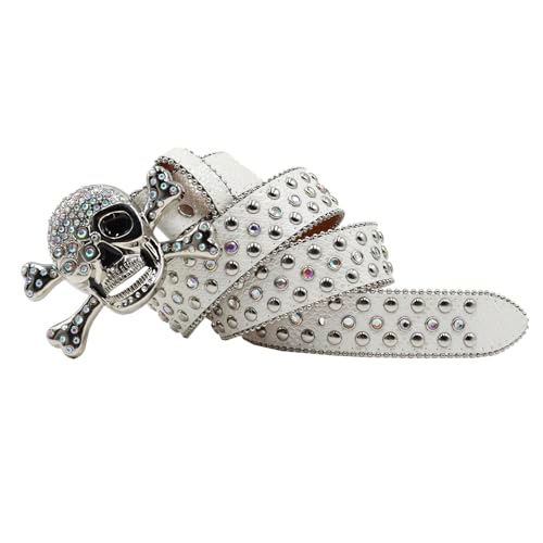 Unisex Bling Rhinestone Skull Head & Cross Buckle Belt, Embossed Studded Leather Strap For Jeans Pants Jacket2