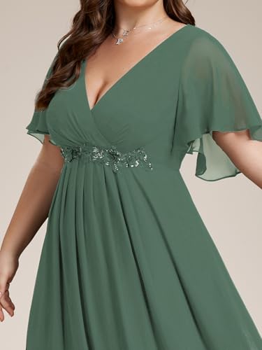 Image of Ever-Pretty Short Sleeves V Neck Plus Size Formal Dresses for Curvy Women Chiffon Mother of The Bride Dress Evening Gowns