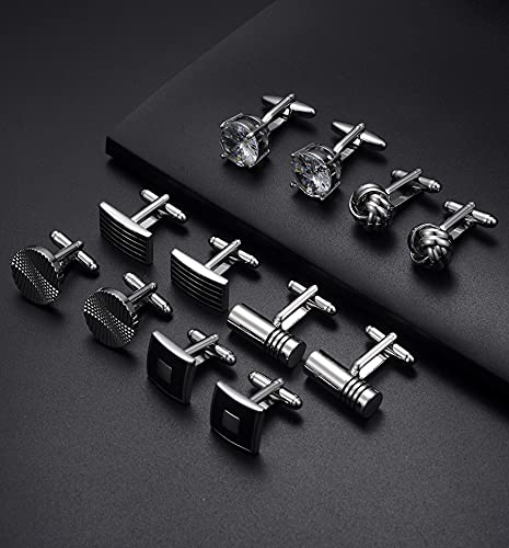 Ofeiyaa 6 Pairs Cufflinks Classic Striped Square Disc Spherical Knot CZ Rectangle Cylindrical Shirt Studs Set for Men Wedding Business Father\'s Gifts - Thumbnail 7