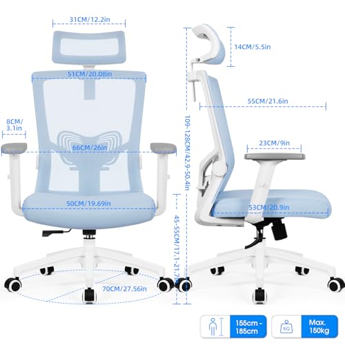 Daccormax Bürostuhl Ergonomisch mit Einstellbarer Kopfstütze, Weiche Lendenwirbelstütze und Klappbaren Armlehnen… – Ansicht 6
