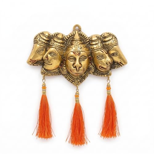 Image of Smizzy panchmukhi Hanuman for Door Entrance Hanging, Gold Finish Wall Hanging Statue Showpiece with Orange Latkan for Main Gate, Metal Hindu God anjaneya Swamy Idol for Pooja Room Temple Vastu, 1 pc