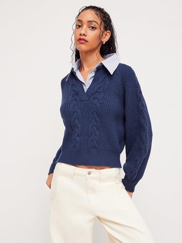 CIDER Cable Knit Sweater Women Crew Neck Two Tone Long Sleeve Knit Pullover Top Fashion Winter Sweaters3