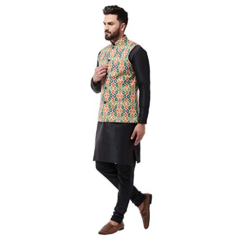 Image of SOJANYA (Since 1958 Men's Silk Blend Black Kurta Pyjama & Printed Nehrujacket Combo
