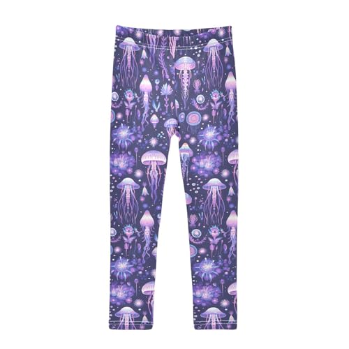 Purple Jellyfish Bioluminescent Disco Party Kids Girl's Basic Leggings Stretchy Full Length Yoga Pants Gym