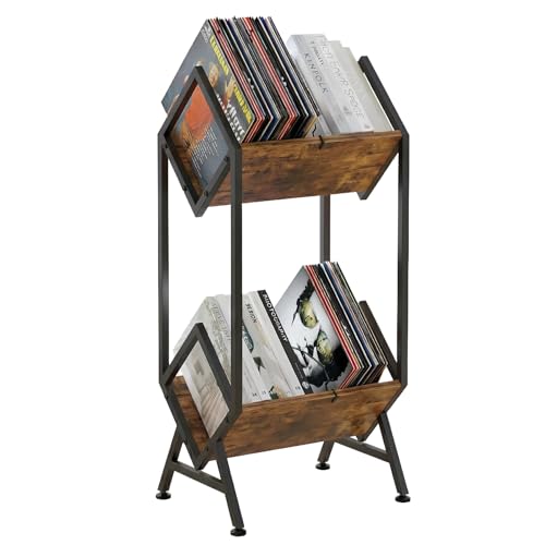 VonDream 2-Tier Vinyl Record Storage, Metal Vinyl Record Holder for 160-200 LP Storage, Vintage Design Record Shelf for Albums Books Magazines Files, Matte Black- Designed for Your Vinyl Only