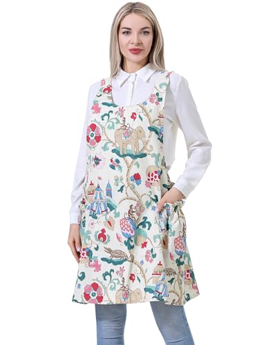 Image of Cozy Adjustable Cross Back Aprons for Women with Pockets Cotton Linen Cooking Kitchen Baking