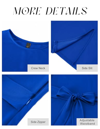 Dressystar 2025 Summer Women’s Crew Neck Belted Side Slit Business Work Dress Cap Sleeve Sheath Midi Church Dresses Royal Blue M4