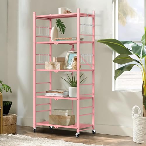 Image of Himix 5-Tier Folding Storage Shelves with 20 Hooks Wheels Home Pink | Folding shelving units, Metal collapsible organization, Wire shelf, No assembly, Kitchen, Room, Holds 440 Ibs No assembly