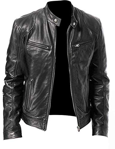 La Mejor Recopilación de Chaquetas para Hombre comprados en linea. 49 Chaqueta de hombre de invierno cálida de cuero para hombre abrigo de múltiples bolsillos cuello de soporte delgado para motociclista motocicleta, Negro, Medium