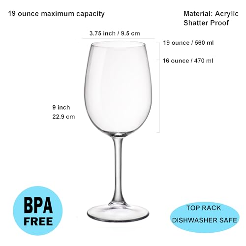KX-WARE Classic Acrylic All-Purpose Wine Glasses, 19-ounce Plastic Stem Wine Glasses, set of 6 Clear