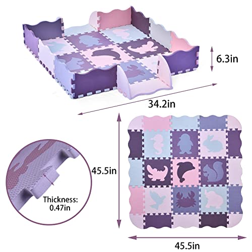 Fun Little Toys 25 Pcs Baby Foam Play Mat, Interlocking Tiles Playmat With Fence Large 45X45 Thick 0.47 Inch Purple Animals Puzzle Floor Mat For Kids Babies Toddlers Infants Crawling Room Decor #TOP1