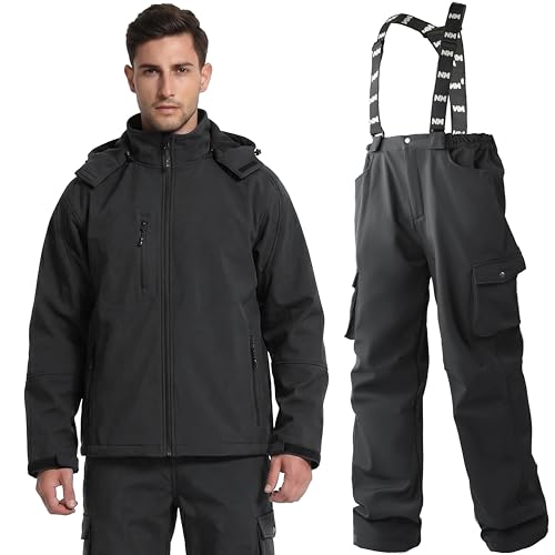 NAVIS MARINE Mens Work Suit Insulated Softshell Jacket & Bib Pants Set - Breathable Water-Resistant Coat with 4-Way Stretch (Ink Black Large)