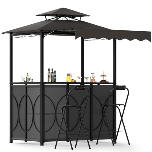 HOMASIS Gazebo per Barbecue con Banco da Bar e 2 Sgabelli, Gazebo Esterno Resistente con Doppio Tetto, Pergolato Resistente alla Pioggia e al Fuoco (Grigio, con tenda laterale, 193 x 117 x 240 cm)