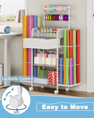 Image of Rsaayekkt Rolling Wrapping Paper Storage Cart with Fabric Drawer White | Vertical gift wrapping organizer storage, fits 12x12 scrapbook paper, heavy duty craft cart with wheels, space saving station