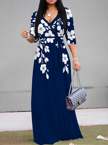 Image of SUZONANA Plus Size Dresses for Women Floral Print Maxi Dress Flowy 3 /4 Sleeve with Belt