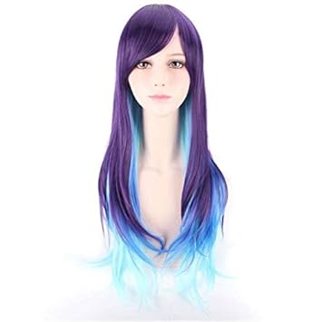 BERON 27 Inches Long Straight Women Girls Purple Ombre Sky Blue Wigs with Side Bangs Wig Cap Included(Purple/Blue/Sky Blue)