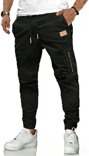 KUNJLELP Herren Jogginghose Chino Cargo Hose Casual Sweatpants Baumwolle Klassische Freizeithose Elastische Pants Taille mit Reißverschlusstasche