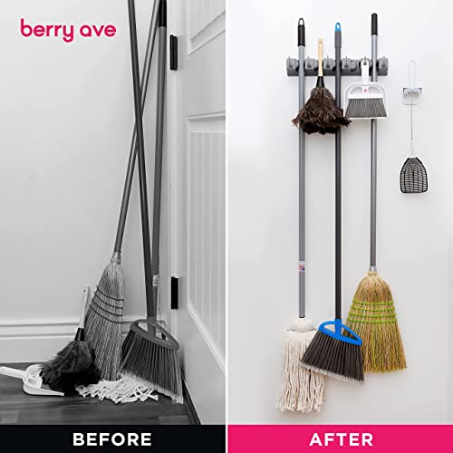 Image of Berry Ave Broom Holder Wall Mount and Garden Tool Organizer, Closet Storage, Kitchen Rack, Home Organization and Garage Organizer for Rake or Mop Handles Up to 1.25-Inches, Hanger Plus 6 Hooks (Grey)