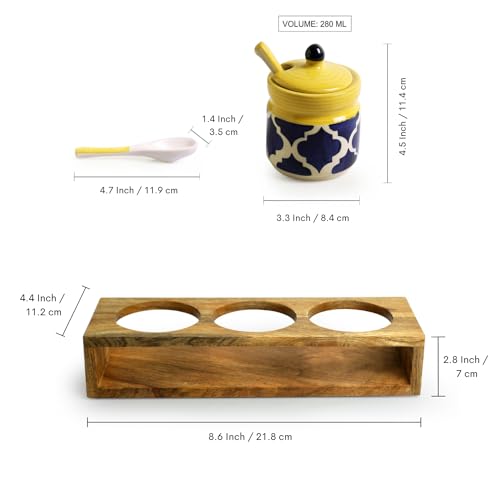 Image of ExclusiveLane 'Moroccan' Ceramic Pickle Jars For Dining Table With Spoon & Wooden Holder (Set of 3,280 ML) | For Kitchen Storage Pickle Holder Pickle Jars For Storage Aachar Jar Set,Multicolor