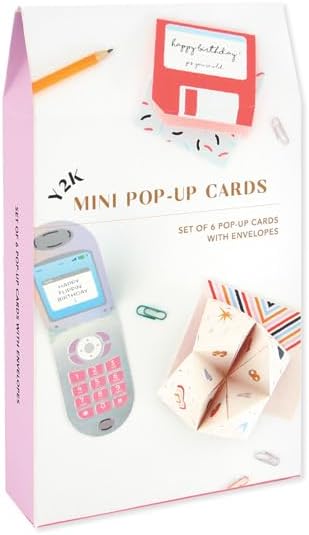 UWP Luxe Nostalgic Millenial Funny Y2K Mini Pop-Up Cards Boxed Set- Cootie Catcher, Flip phone, Floppy Disk 6-Count