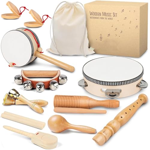 Wooden Kids Musical Instruments for 1-9 Years Old, with Drum, Hand Bells, Flute, Maracas, Castanet, Tamburine, chime bar,for Babies and Toddlers, Durable, Safe, Montessori Educational Toy, Storage Bag
