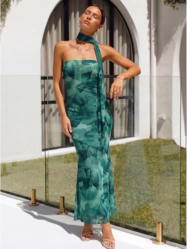 Image of LUXVEER Women's Strapless Tube Dress Mesh Floral Summer Bodycon Long Maxi Cocktail Party Wedding Guest Dresses with Scarf