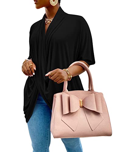 Lyaner Women's Wrap V Neck Ruched Short Sleeve Split Hem Blouse Shirt Tunic Top Black X-Large #TOP1