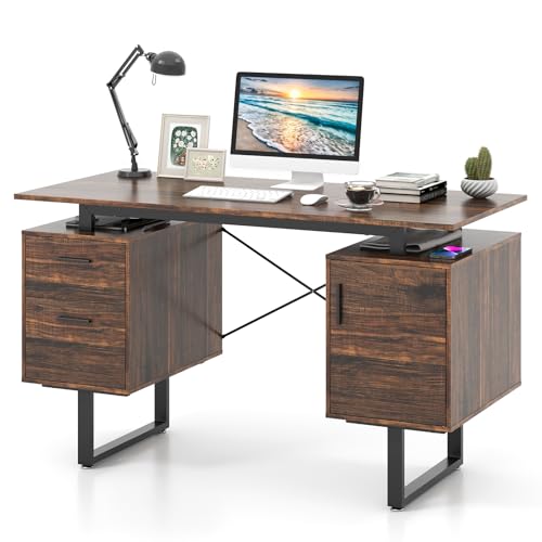 COSTWAY Home Office Computer Desk, 129 x 59 x 76 cm Large Floating Desktop Desk with Dual Drawers and Cabinet, Metal Frame Modern Vanity Table for Living Room & Bedroom (Rustic Brown + Black)