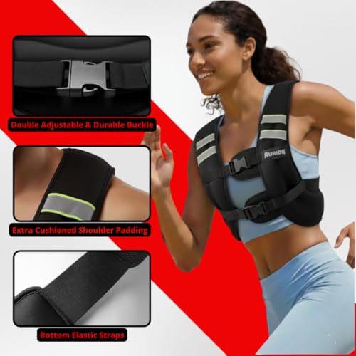 Aurion 10kg Weighted Vest, Running Jacket Vest for Men, Double Adjustable Buckle, Sweat Proof Breathable Neoprene, Padded Shoulder, Even Weight Distribution, Reflective Safety Strips, Mesh Back Pocket