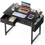 DUMOS 32' Home Office Computer Desk with Drawers, Small Gaming Writing Study Table with Storage Side Bag, Headphone Hook and Adjustable Feet for Bedroom Black