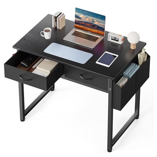 DUMOS 32" Home Office Computer Desk with Drawers, Small Gaming Writing Study Table with Storage Side Bag, Headphone Hook and Adjustable Feet for Bedroom Black