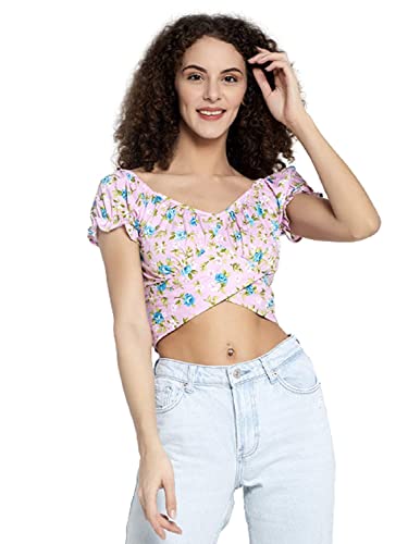 Image of ELEVANTO Women's Ruffle Stylish Short Sleeve Tie Up Back Crop Top Off Shoulder Bardot Blouse /Tops for Summer