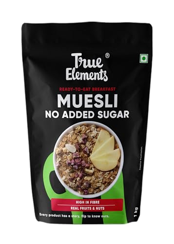 True Elements Muesli No Added Sugar 1 Kg | Sugar Free Cereal | Diet Food | Healthy and Quick Breakfast | No Malt Extract, No Malitol, No Sweeteners or Flavourings | Oats, Wheat Flakes & Jowar | Crunchy Almonds, Seeds & Freeze dried fruits | 13g Clean Protein