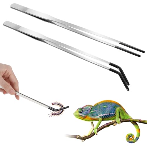 2PCS Long Aquarium Tweezers, 10.6" Extra Long Stainless Steel Reptile Feeding Tongs with Rubber Tip