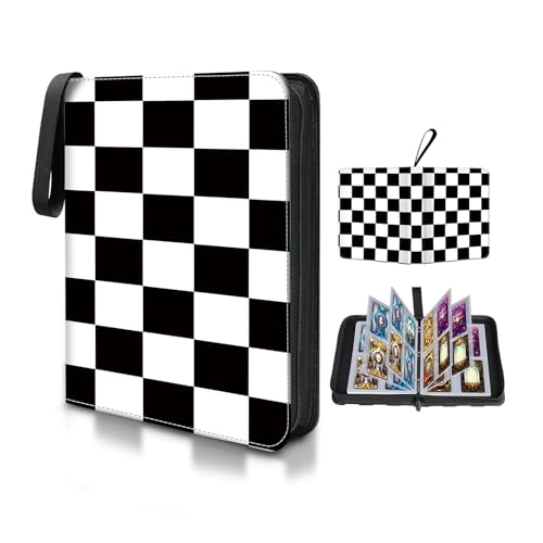 Card Binder 4 Pocket,Collectible Trading Card Albums Fits 400 Cards with 50 Removable Sleeves,Portable Trading Collection Album Holder,Game Card Case book With Zipper for Gifts,Blakc checkerboard