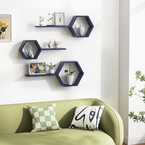 Image of Wooden Floating Wall Mounted Set of 6 Hexagon Shelves Display Shelf for Photos, Plants, Rustic Honeycomb Shelves for Living Room, Bedroom, Bathroom, Kitchen, Office (Navy)