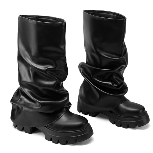 Platform Heel Slouch Boots for Women Casual Heeled Metallic Mid Calf Boots Wide Calf Fold Over Boots2