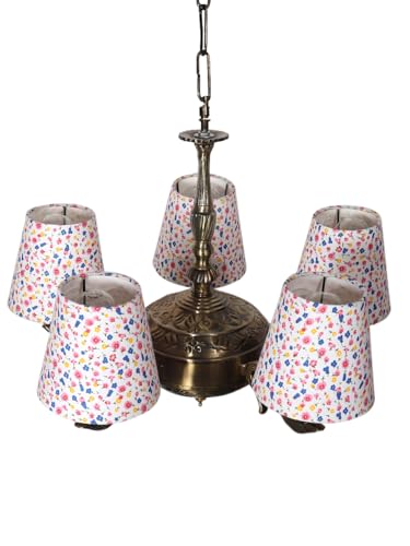 Image of Devansh 05 Lights Printed conical Cotton Shade with Antique Golden Chandelier -C