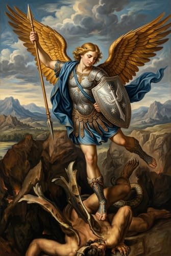 Saint Michael the Archangel Defeating Satan Oil Painting Canvas Poster, Framed or Unframed Option, Christian Religious Spiritual Art Wall Art, Inspirational Faith Home Decor for Living Room Church (12*18,Framed)