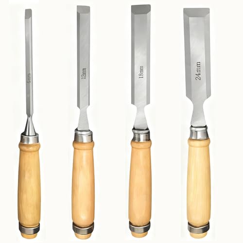 Anhoer 4 Piece Wood Chisel Set Woodworking Carving Hand Tools Carbon Steel Semicircular Edge 6mm/12mm/18mm/24mm with Hardwood Handle
