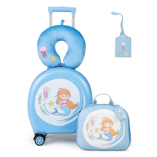 COSTWAY Juego de Maleta Infantil Niños, Equipaje de Viaje con Mochila, Equipaje de Mano, Almohada para el Cuello, Etiqueta para el Equipaje, Equipaje Infantil con Ruedas Universales (Azul)