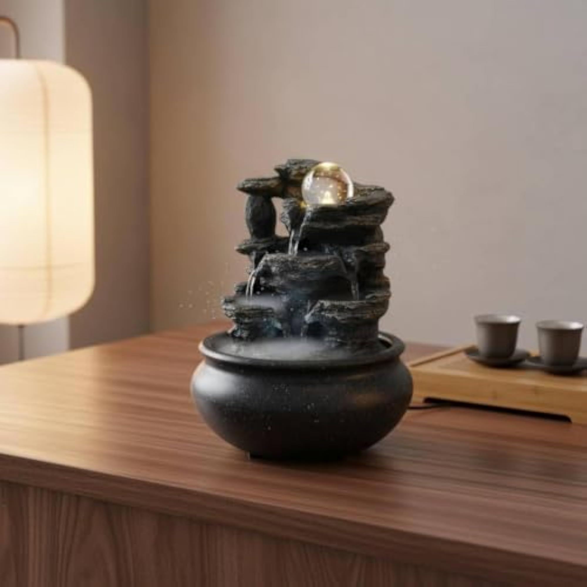Compact Indoor Water Feature with Light, USB Powered Decor