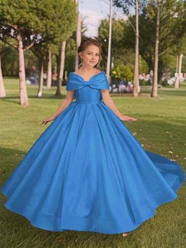 Satin Flower Girl Dress with Bow Off Shoulder First Communion Dress for Girls Pageant Dresses2