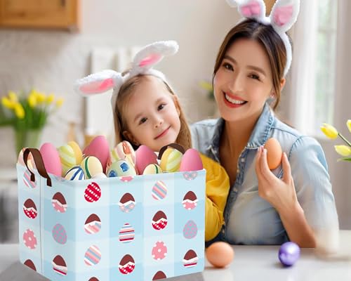 Image of Large Rectangular Easter Baskets Empty Waterproof Boy Toy Box Foldable Kid's Gifts Storage Bin Spring Room Decor(Blue Checkered Egg)