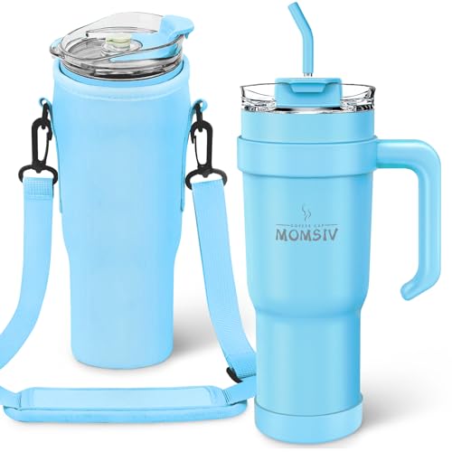 MOMSIV 40oz Tumbler with Handle and Straw, Large Capacity 1100ml Stainless Steel Leakproof Coffee Cup, Insulated Vacuum Double Wall Travel Mug Water Bottle for Hot Iced Drink - Blue with Cup Holder