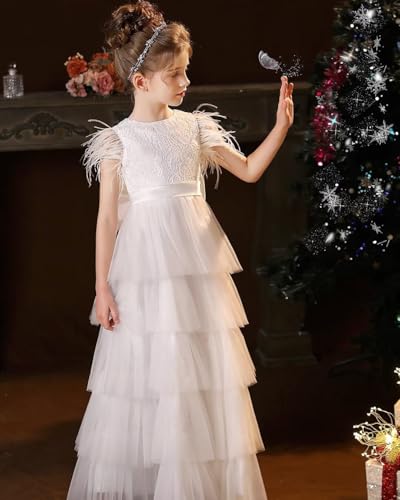 Puffy Tulle Flower Girl Dress with Bow Lace Appliques Pageant Dresses for Girls Ostrich Feather First Communion Dress3