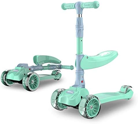 Ygqtbc 2-in-1 Kick Scooter with Folding/Removable Seat, Three-Wheeled Scooters with LED Light Up Wheels, Height Adjustable for Kids & Toddlers Girls or Boys (Color : Green)