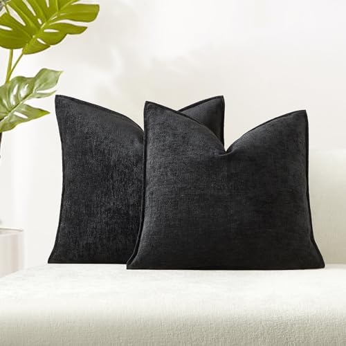 JUSPURBET Black Throw Pillow Covers 20x20 Set of 2 Decorative Pillow Covers for Couch Sofa Bed Cozy Chenille Cushion Covers Cases with Invisible Zipper for Living Room Home Decor