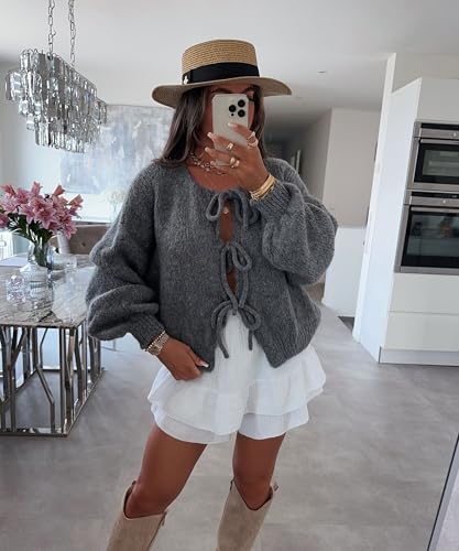KMBANGI Women Bow Tie Front Cardigans Oversized Open Front Cute Sweater Coats Y2k Lantern Sleeve Casual Loose Outwear2