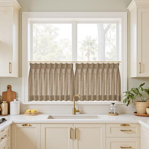 Image of TWOPAGES 42 inch inch W x 45 inch inch L Linen Blend Cafe Curtains for Kitchen Window, Light Filtering Pinch Pleated Tier Curtains, Modern Farmhouse Half Window Curtains for Bathroom, Rust Brown, 2 Panels